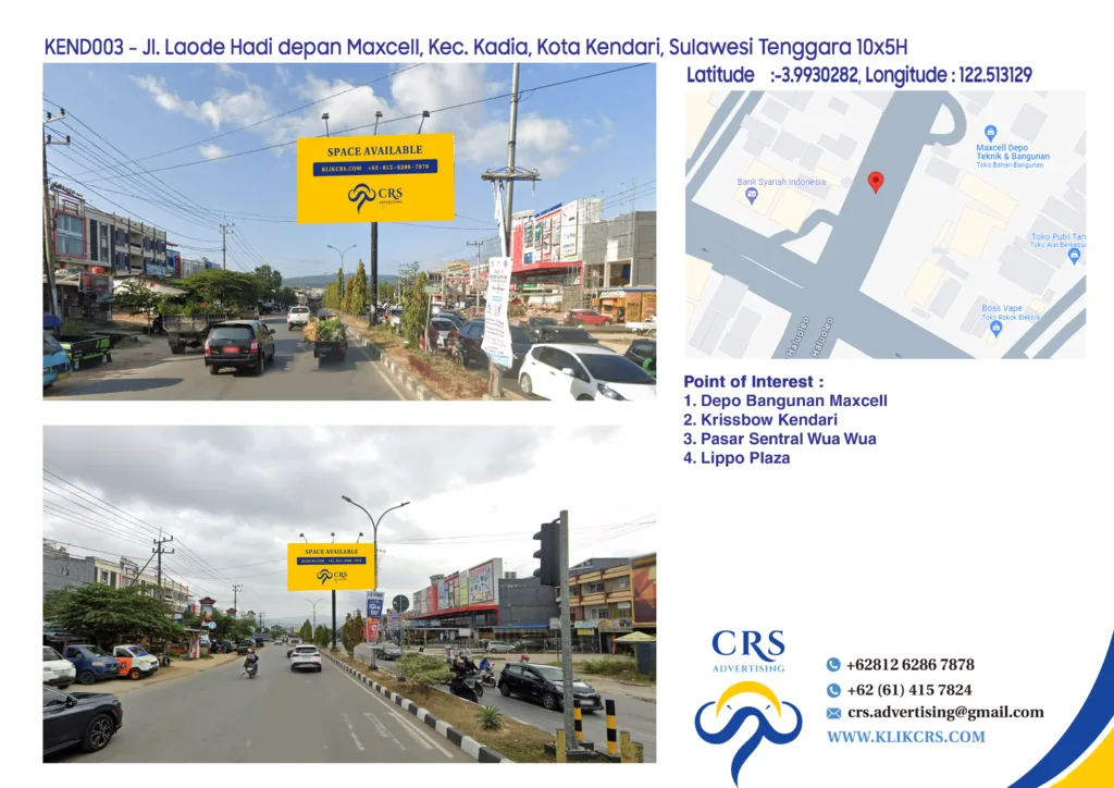 billboard Jl. Laode Hadi depan Maxcell, Kec. Kadia, Kota Kendari, Sulawesi Tenggara