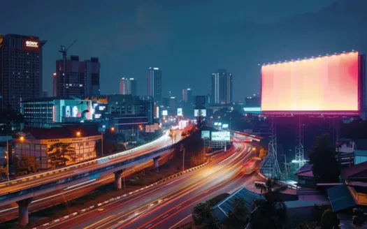 sebuah billboard raksasa yang menampilkan desain iklan berwarna cerah dan mencolok, dikelilingi oleh gedung-gedung modern yang berkilau oleh sinar matahari, menciptakan suasana urban yang dinamis dan menarik perhatian.